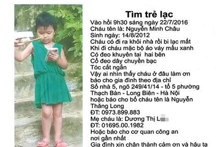 Thông tin về cháu Nguyễn Minh Châu mất tích 2 ngày nay.