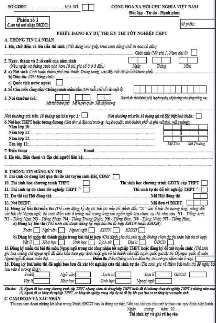Phiếu ĐKDT tốt nghiệp THPT (Phiếu số 1). Phiếu ĐKDT tốt nghiệp THPT (Phiếu số 1).