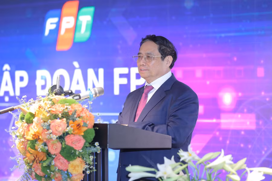 Thủ tướng Phạm Minh Chính phát biểu tại buổi thăm, làm việc với Trường ĐH FPT và Công ty TNHH Phần mềm FPT.