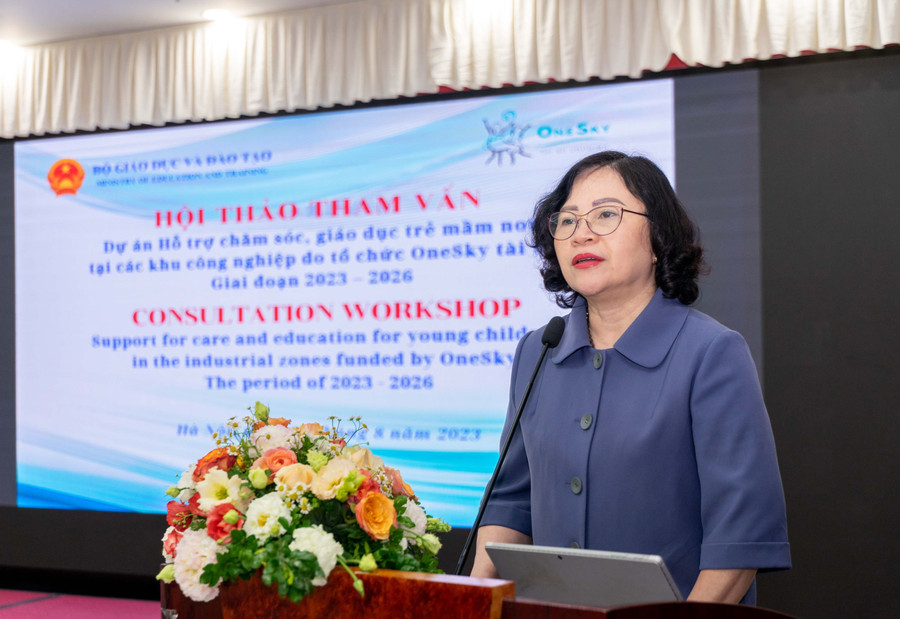 Thứ trưởng Ngô Thị Minh phát biểu tại hội thảo tham vấn về Dự án Hỗ trợ chăm sóc, giáo dục trẻ mầm non tại các khu công nghiệp, giai đoạn 2023-2026. Thứ trưởng Ngô Thị Minh phát biểu tại hội thảo tham vấn về Dự án Hỗ trợ chăm sóc, giáo dục trẻ mầm non tại các khu công nghiệp, giai đoạn 2023-2026.