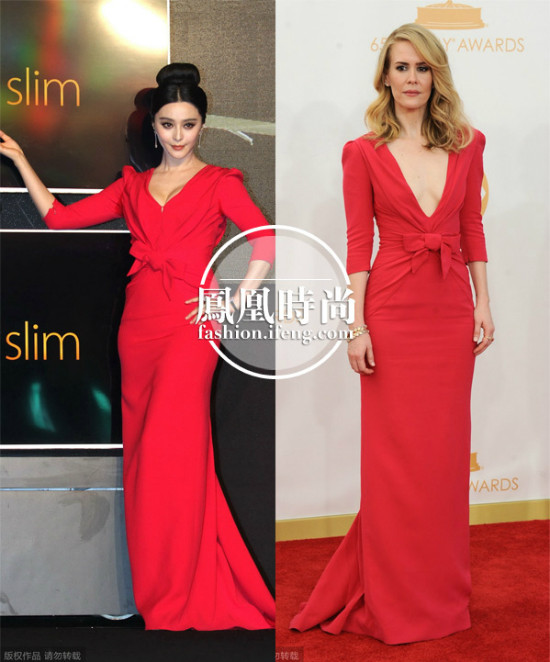 Cùng diện chiếc váy đỏ rực của Carolina Herrera nhưng Phạm Băng Băng không dám thoải mái xẻ ngực như Sarah Paulson.