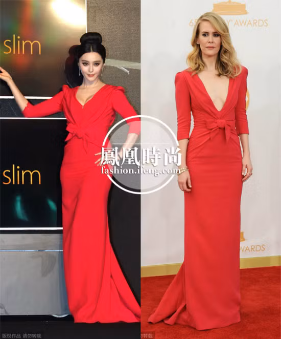 Cùng diện chiếc váy đỏ rực của Carolina Herrera nhưng Phạm Băng Băng không dám thoải mái xẻ ngực như Sarah Paulson.