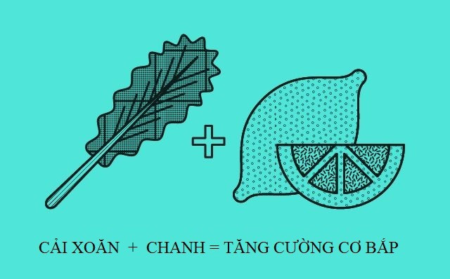 Cải xoăn có tác dụng tăng cường hệ miễn dịch và cải thiện sức mạnh cơ bắp. Khi bạn vắt thêm một chút chanh vào món rau cải xoăn (hoặc rau bina, củ cải), nó sẽ tạo ra một phản ứng hóa học giúp cơ thể hấp thụ chất sắt trong loại rau này, từ đó ngăn ngừa sự mệt mỏi của cơ bắp. 10 cách kết hợp thực phẩm tốt cho cơ thể