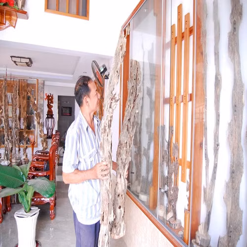 Ông Khoan bên những Khô mộc có giá hàng trục triệu.