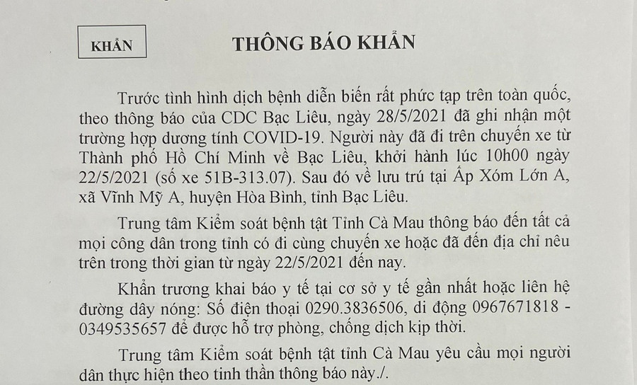 Thông báo khẩn của Trung tâm Kiểm soát bệnh tật tỉnh Cà Mau.