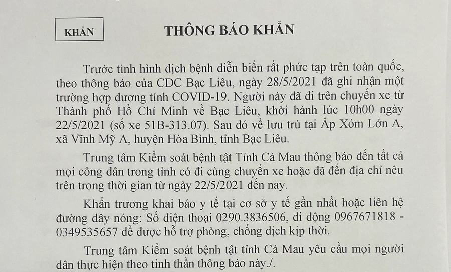 Thông báo khẩn của Trung tâm Kiểm soát bệnh tật tỉnh Cà Mau.