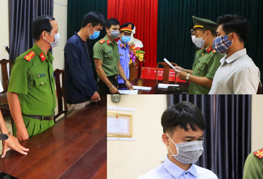 Hai đối tượng Nguyễn Đình Hùng (áo khoác xanh) và Đặng Văn Thành (áo trắng) tại cơ quan Công an.