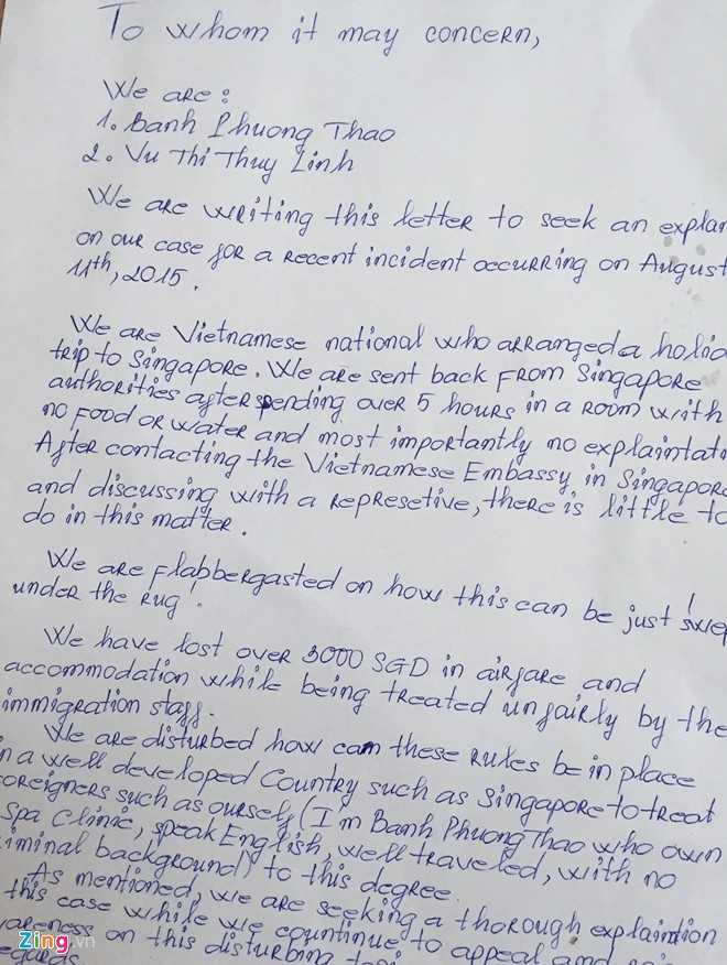 Đơn khiếu nại của hai công dân Vũ Thị Thùy Linh và Bành Phương Thảo về đối xử thiếu tôn trọng của cơ quan hải quan và nhập cư Singapore. Đơn khiếu nại của hai công dân Vũ Thị Thùy Linh và Bành Phương Thảo về đối xử thiếu tôn trọng của cơ quan hải quan và nhập cư Singapore.