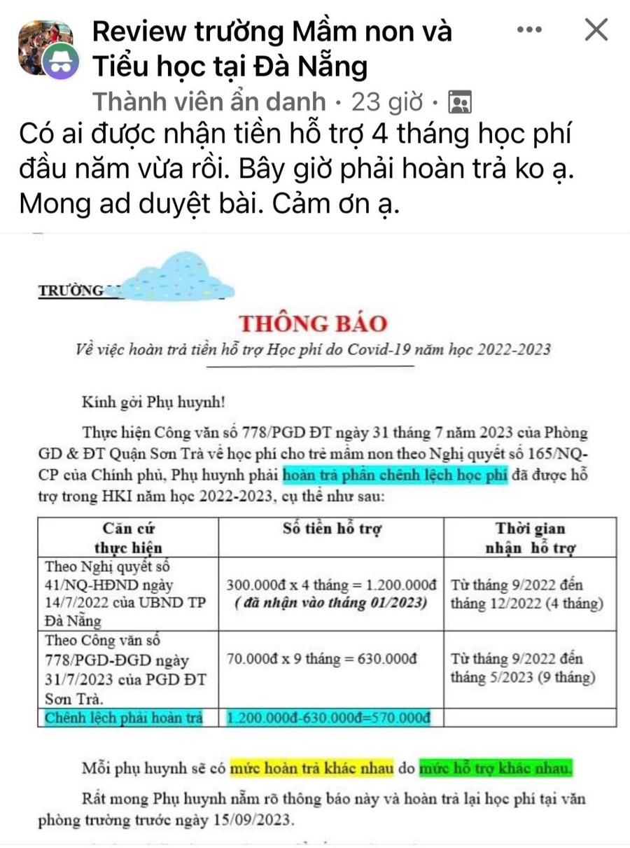 Trên các diễn đàn phụ huynh tại Đà Nẵng, nhiều phụ huynh thắc mắc về chủ trương thu hồi khoản tiền chênh lệch hỗ trợ học phí.