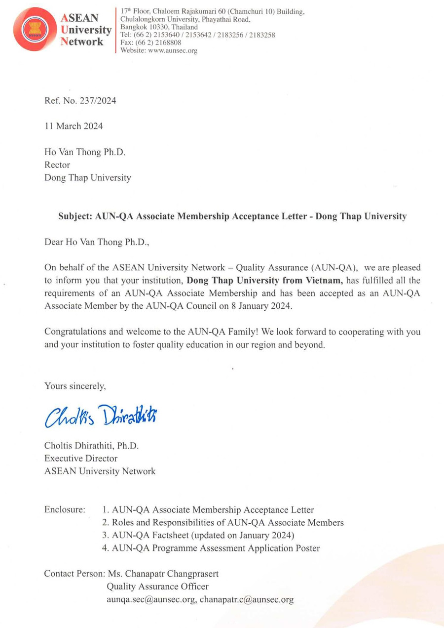 Thông báo từ Tổ chức AUN-QA xác nhận Trường ĐH Đồng Tháp trở thành thành viên AUN-QA. Thông báo từ Tổ chức AUN-QA xác nhận Trường ĐH Đồng Tháp trở thành thành viên AUN-QA.