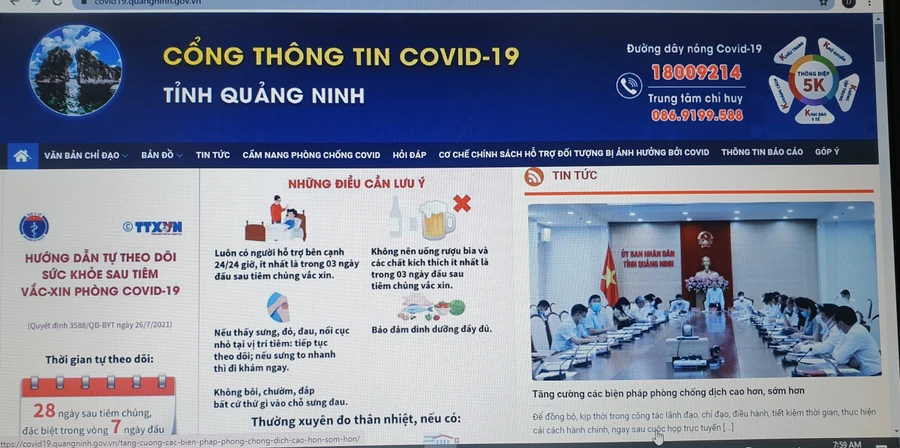 Giao diện cổng thông tin Covid-19 tỉnh Quảng Ninh