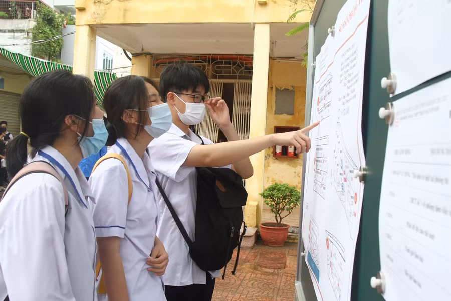 Thí sinh tra cứu số báo danh tại Hội đồng thi Trường THPT Trần Nguyên Hãn, quận Lê Chân