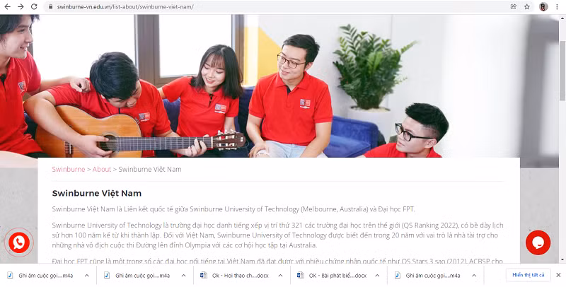 Trên Website trường vẫn viết là Swinburne Việt Nam. Ảnh chụp màn hình