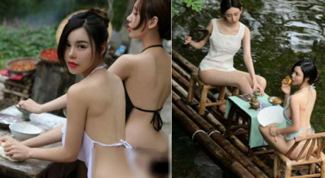 Mặc áo yếm và nội y ngồi trước mặt cụ già, 2 mỹ nữ bị Mac ao yem va noi y ngoi truoc mat cu gia, 2 my nu bi