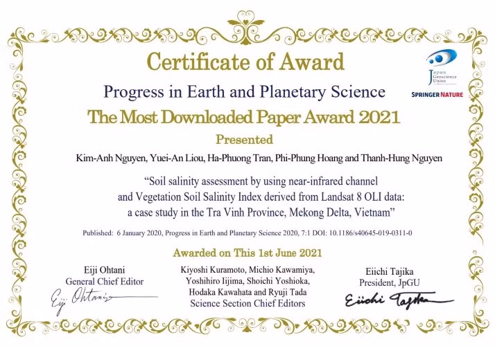 Tấm bằng quốc tế công nhận công trình của TS Nguyễn Kim Anh.