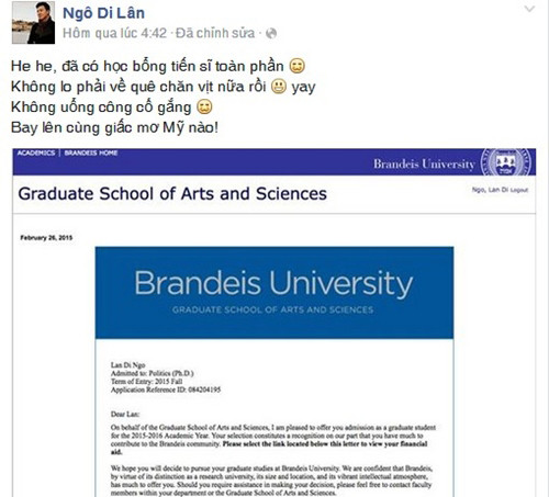 Lân chia sẻ niềm vui khi nhận được học bổng tiến sĩ toàn phần của ĐH Brandeis. Ảnh: Fb Ngô Di Lân lan2-5359-1425708528.jpg