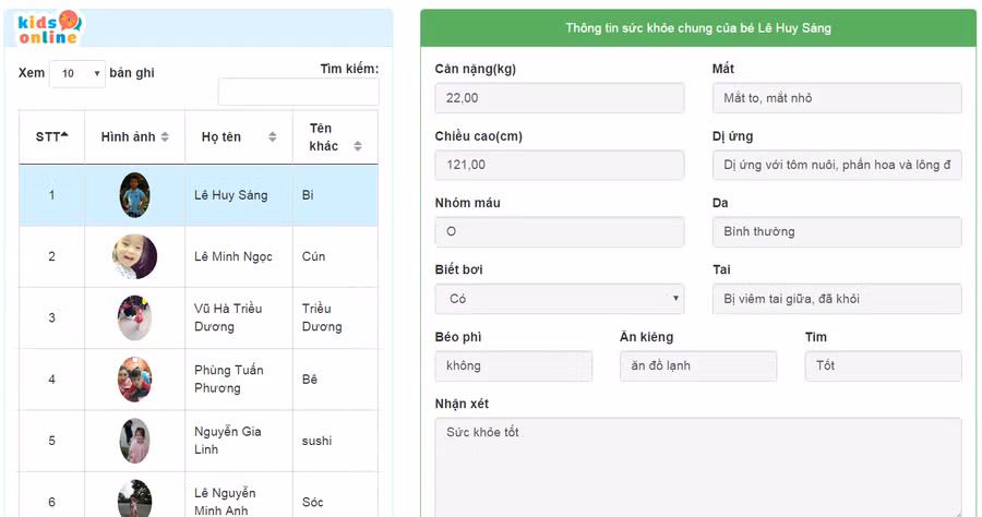 Giao diện quản lý sức khỏe phần mềm KidsOnline
