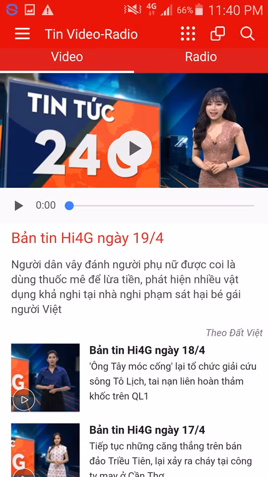 Giao diện bản tin Video- Radio Hi4G trên ứng dụng 4G Plus