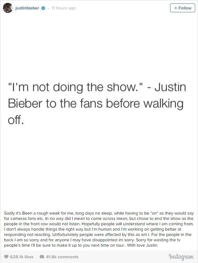 Justin Bieber xin lỗi fan sau khi nổi nóng trên sân khấu