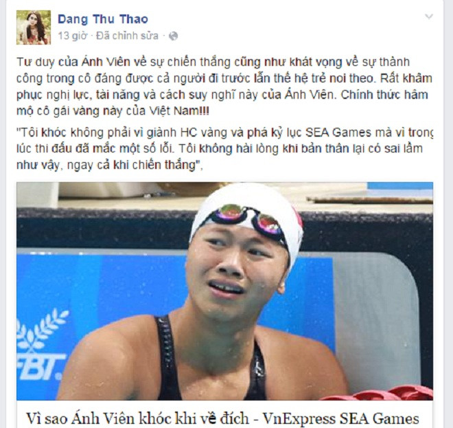 Hoa hậu Đặng Thu Thảo bày tỏ sự hâm mộ Ánh Viên