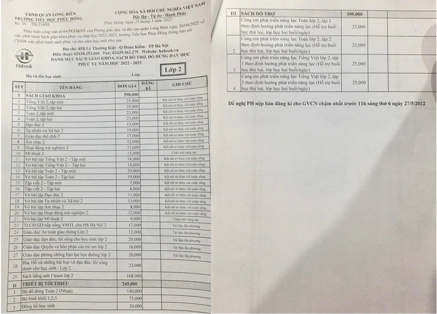 Danh mục sách giáo khoa lớp 2 của Trường Tiểu học Phúc Đồng, Hà Nội. Ảnh: PHCC