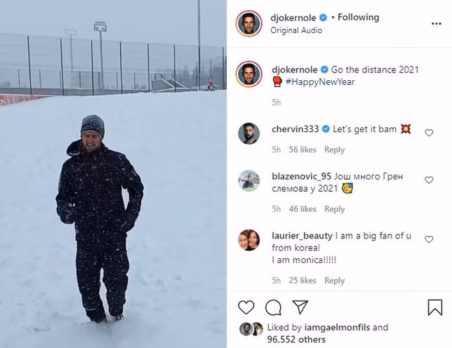 Tay vợt nam số một thế giới Novak Djokovic đón chào năm mới bằng việc tập luyện dù tuyết rơi dày. Djokovic đang tập luyện để chuẩn bị cho mùa giải mới khởi tranh từ giữa tháng 1, và hướng tới mục tiêu bảo vệ danh hiệu Australian Open.