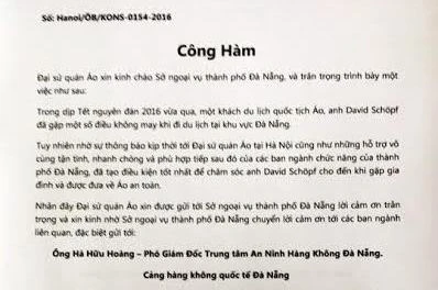 Đại sứ quán Áo gửi Công hàm cảm ơn sân bay Đà Nẵng