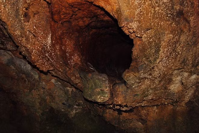 Một thân cây mục bị cuốn vào dòng chảy dung nham hàng triệu năm trước, sau khi mục tạo thành một lỗ trong hang C3