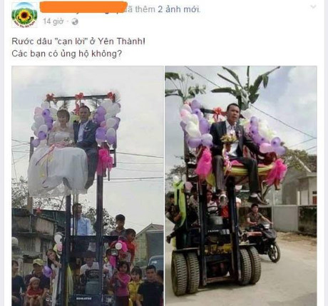 Cặp đôi ở Nghệ An rước dâu bằng xe nâng cao 4m - Ảnh 2 Cap doi o Nghe An ruoc dau bang xe nang cao 4m - Anh 2