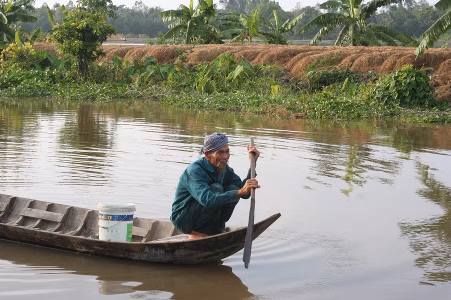 Hơn 80 tuổi nhưng ông vẫn bơi xuồng, nuôi cá, hái rau.