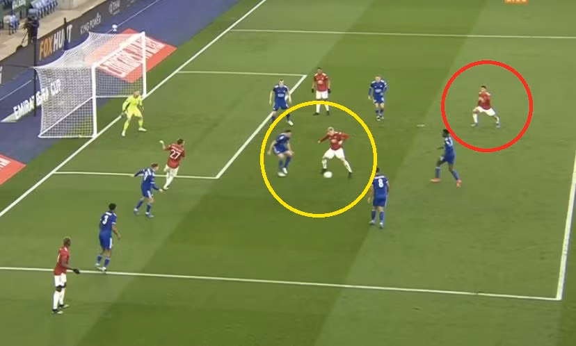 Pha nhấc chân của Van de Beek (khoanh vàng) cho Greenwood ghi bàn là điểm sáng hiếm hoi trong ngày thi đấu của MU.