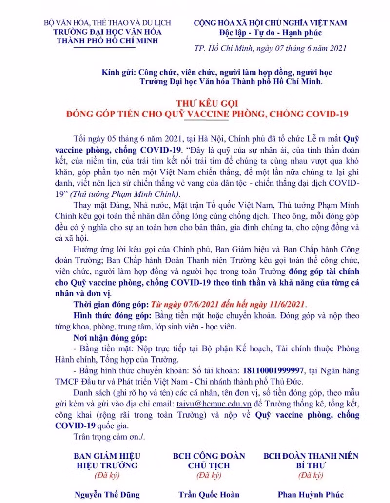 Thư ngỏ kêu gọi cán bộ, giảng viên, người lao động, sinh viên chung tay cùng Quỹ vắc-xin phòng chống Covid-19 của Trường ĐH Văn hóa TPHCM.
