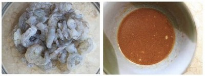 Tôm bóc vỏ, bỏ đầu và phần chỉ đen ở lưng cho vào 1 cái bát. Dùng 1 bát khác cho tất cả phần nước xốt vào hòa chung. Tôm bóc vỏ, bỏ đầu và phần chỉ đen ở lưng cho vào 1 cái bát. Dùng 1 bát khác cho tất cả phần nước xốt vào hòa chung.