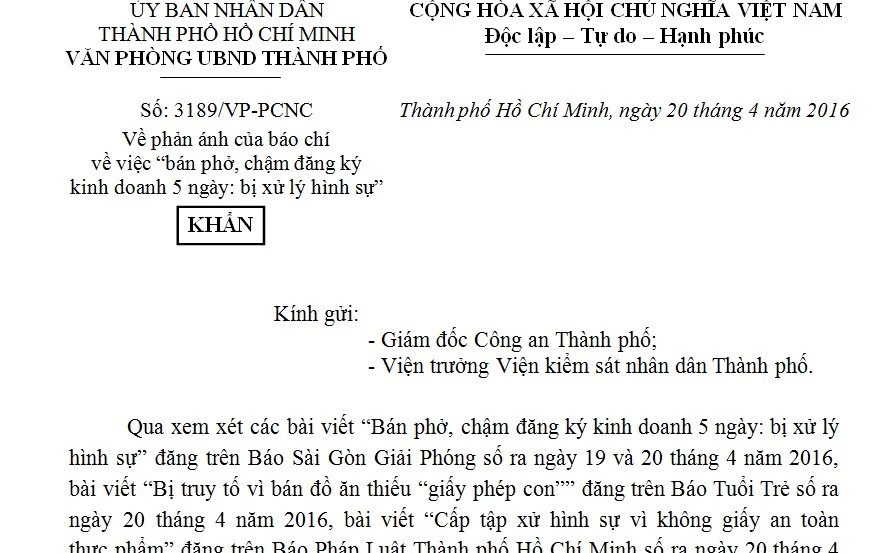 Yêu cầu Giám đốc Công an TPHCM xử lý ngay vụ “bán phở bị khởi tố“