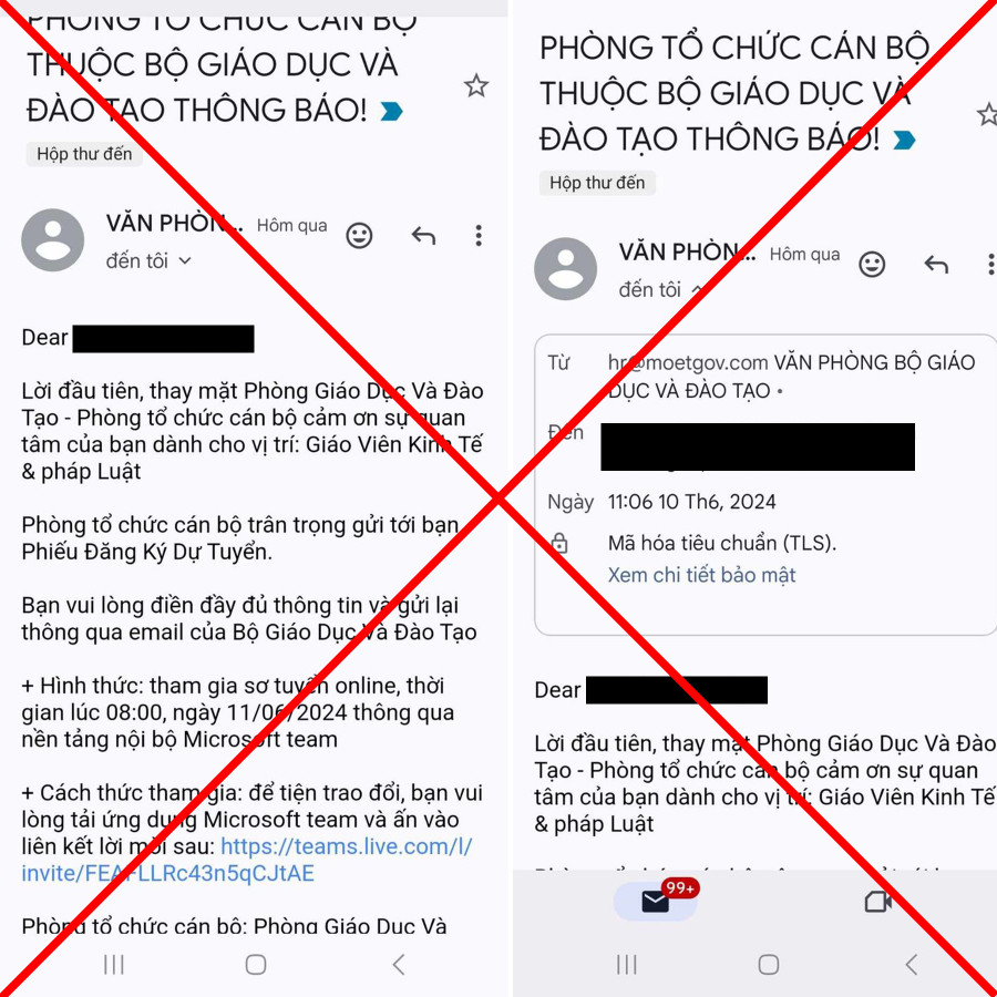 Hình ảnh mạo danh Gmail các đơn vị của Bộ GD&ĐT để cung cấp thông tin, có nội dung phương thức, thủ đoạn lừa đảo chiếm đoạt tài sản. Hình ảnh mạo danh Gmail các đơn vị của Bộ GD&ĐT để cung cấp thông tin, có nội dung phương thức, thủ đoạn lừa đảo chiếm đoạt tài sản.