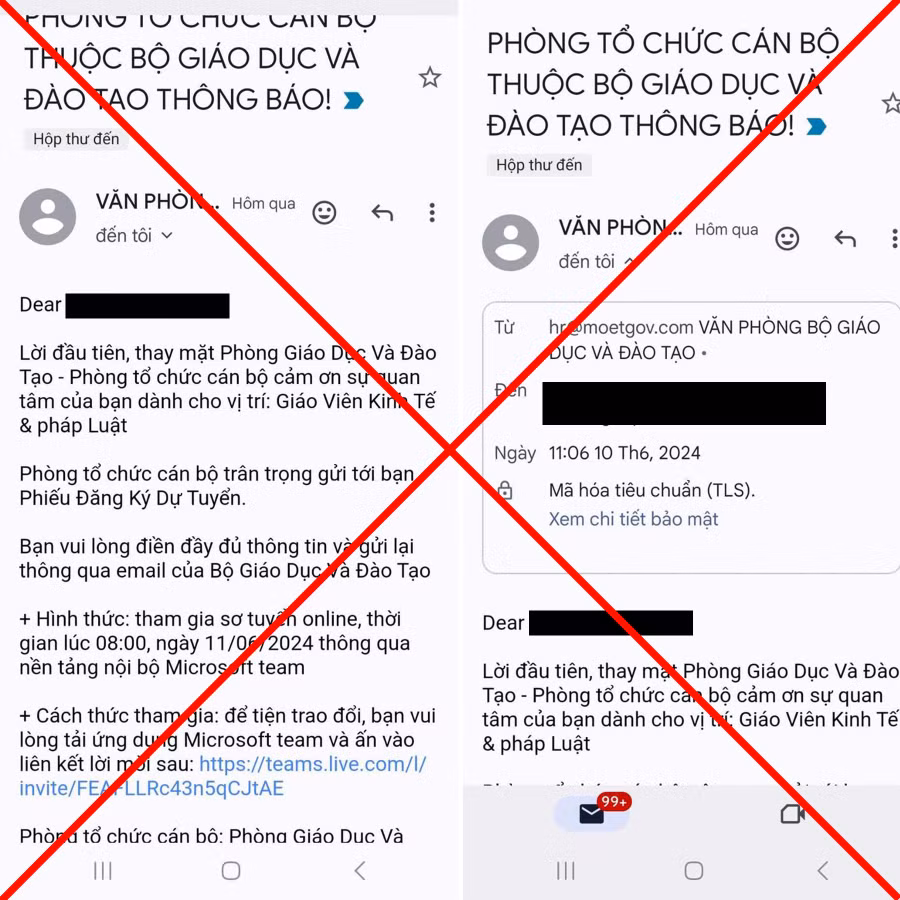 Hình ảnh mạo danh Gmail các đơn vị của Bộ GD&amp;ĐT để cung cấp thông tin, có nội dung phương thức, thủ đoạn lừa đảo chiếm đoạt tài sản.