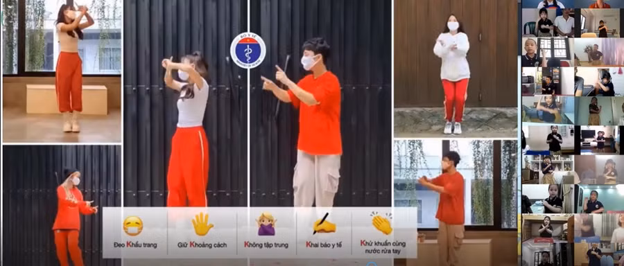 Học sinh Trường Tiểu học Ái Mộ B vận động theo thông điệp 5K để thực hiện tốt phòng chống dịch Covid-19.