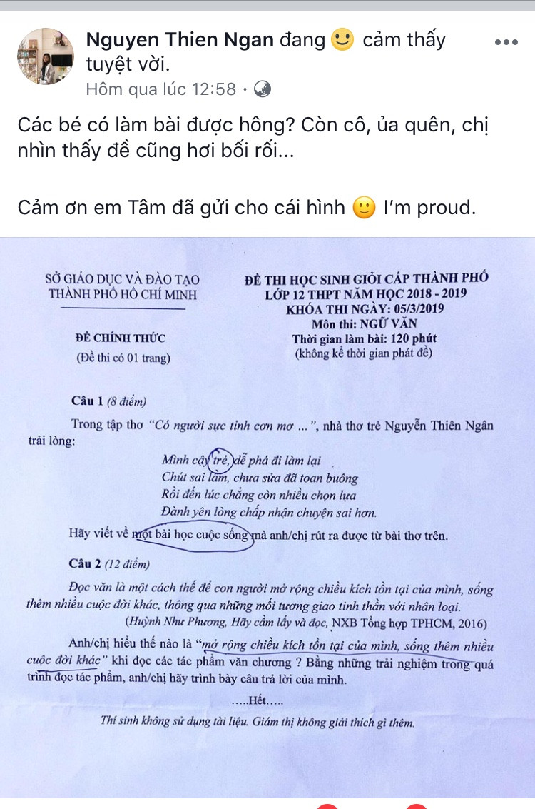 Nhà văn, nhà thơ Nguyễn Thiên Ngân chia sẻ cảm xúc trên trang cá nhân khi biết những câu thơ của mình được chọn làm dữ liệu trong đề thi học sinh giỏi lớp 12 môn Ngữ văn