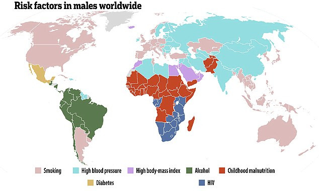 Bản đồ cho thấy các yếu tố có nguy cơ lớn nhất gây ra tử vong sớm ở nam giới trên toàn cầu. Nhìn chung, huyết áp cao là yếu tố có nguy cơ cao gây ra các trường hợp tử vong trên toàn cầu trong năm 2013. Bản đồ cho thấy các yếu tố có nguy cơ lớn nhất gây ra tử vong sớm ở nam giới trên toàn cầu. Nhìn chung, huyết áp cao là yếu tố có nguy cơ cao gây ra các trường hợp tử vong trên toàn cầu trong năm 2013.