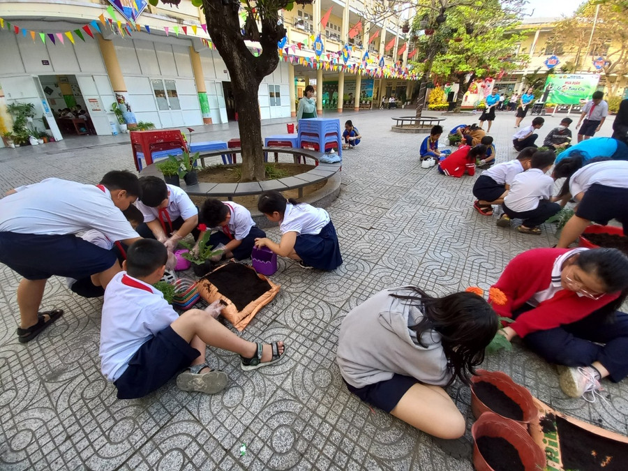 Học sinh Trường Tiểu học Phan Đăng Lưu trải nghiệm trồng cây trang trí các bồn hoa ở sân trường. Học sinh Trường Tiểu học Phan Đăng Lưu trải nghiệm trồng cây trang trí các bồn hoa ở sân trường.