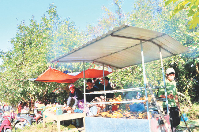 Du khách nghỉ ngơi, thư giãn dưới những tán cây hoa sở và thưởng thức ẩm thực đặc trưng của địa phương.