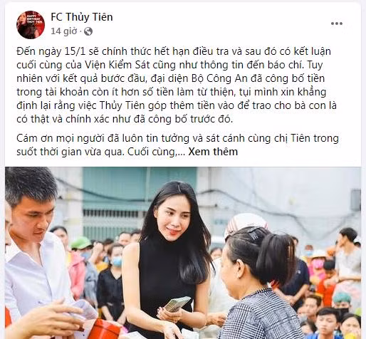 FC Thủy Tiên đã có chia sẻ đầu tiên và khẳng định nữ ca sĩ đã bỏ tiền túi để tặng thêm bà con miền Trung.
