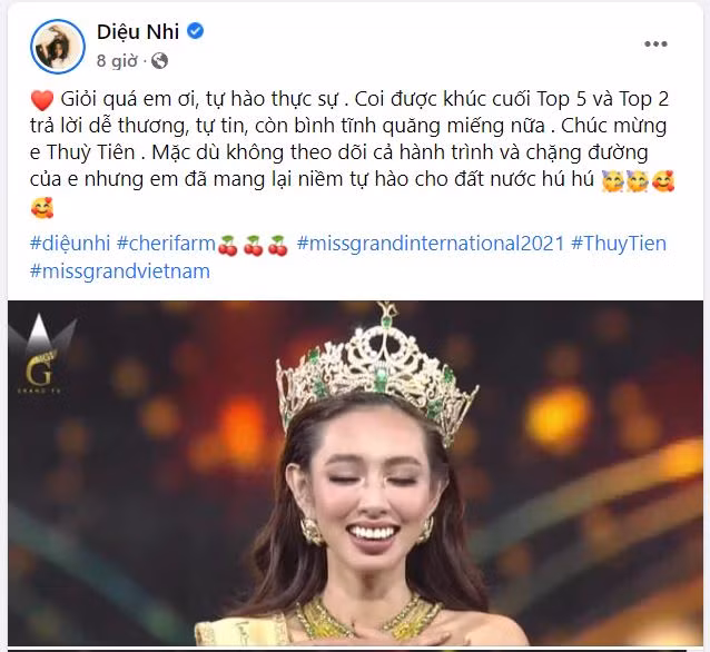 Nữ diễn viên Diệu Nhi thốt lên rằng: “Giỏi quá em ơi, tự hào thực sự . Coi được khúc cuối Top 5 và Top 2 trả lời dễ thương, tự tin, còn bình tĩnh quăng miếng nữa. Chúc mừng e Thuỳ Tiên . Mặc dù không theo dõi cả hành trình và chặng đường của em nhưng em đã mang lại niềm tự hào cho đất nước”.