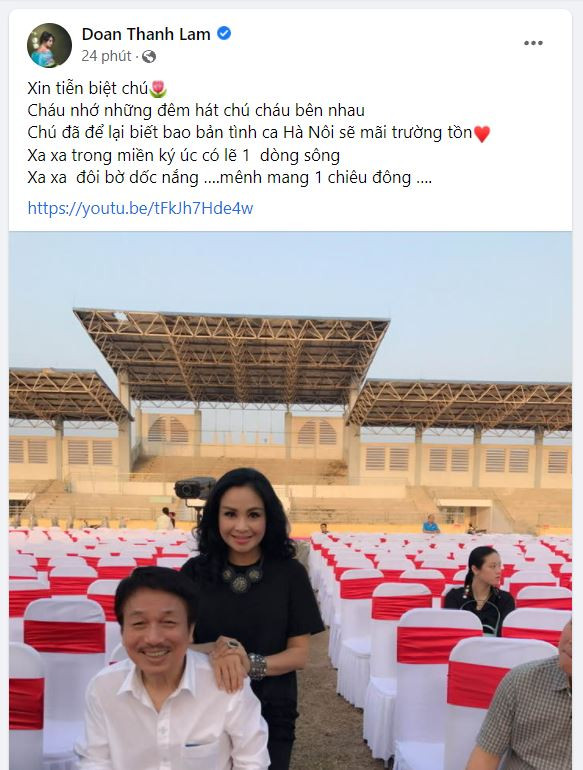 Diva Thanh Lam viết: Xin tiễn biệt chú. Cháu nhớ những đêm hát chú cháu bên nhau. Chú đã để lại biết bao bản tình ca Hà Nôi sẽ mãi trường tồn. Xa xa trong miền ký úc có lẽ 1 dòng sông. Xa xa đôi bờ dốc nắng ….mênh mang 1 chiêu đông….”.