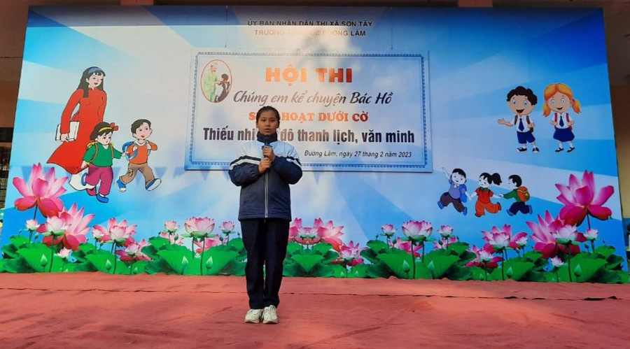 Học sinh Trường Tiểu học Đường Lâm (Sơn Tây, Hà Nội) tại Hội thi “Chúng em kể chuyện Bác Hồ”. Học sinh Trường Tiểu học Đường Lâm (Sơn Tây, Hà Nội) tại Hội thi “Chúng em kể chuyện Bác Hồ”.