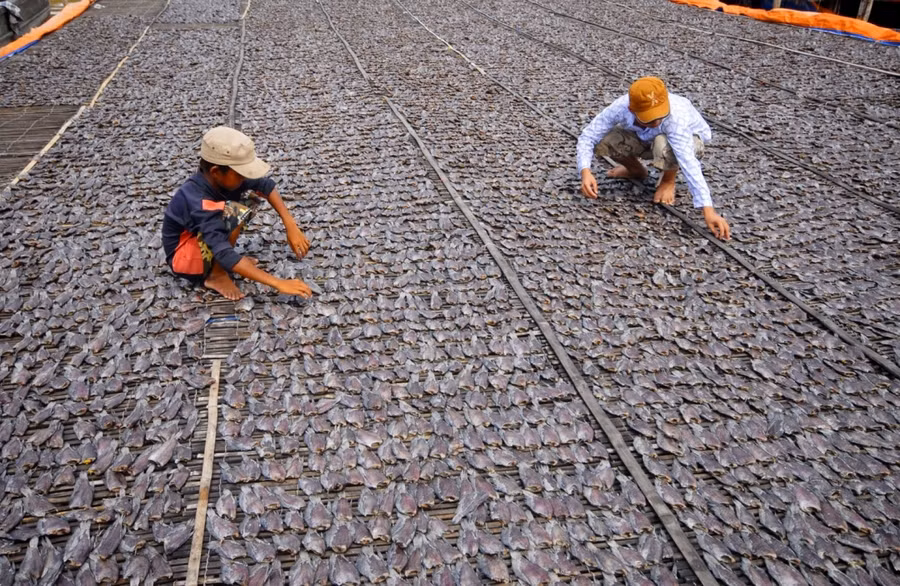 Làng nghề khô Tết Khánh An (An Giang) vào mùa. Ảnh: H. Vũ.