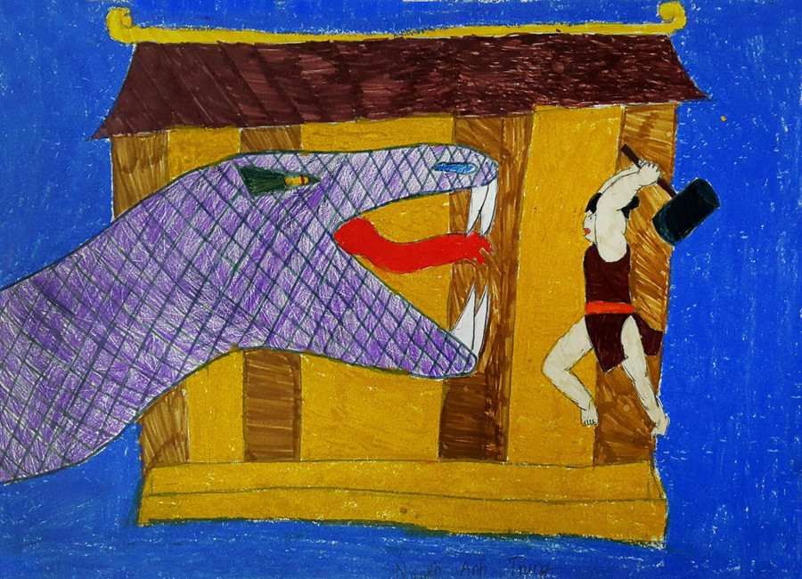 Đây là bìa sách “Thạch Sanh” - tác phẩm gây được ấn tượng mạnh với hoạ sĩ Thành Chương dù không có tiêu đề nhưng ai cũng có thể nhận ra ngay nội dung bên trong