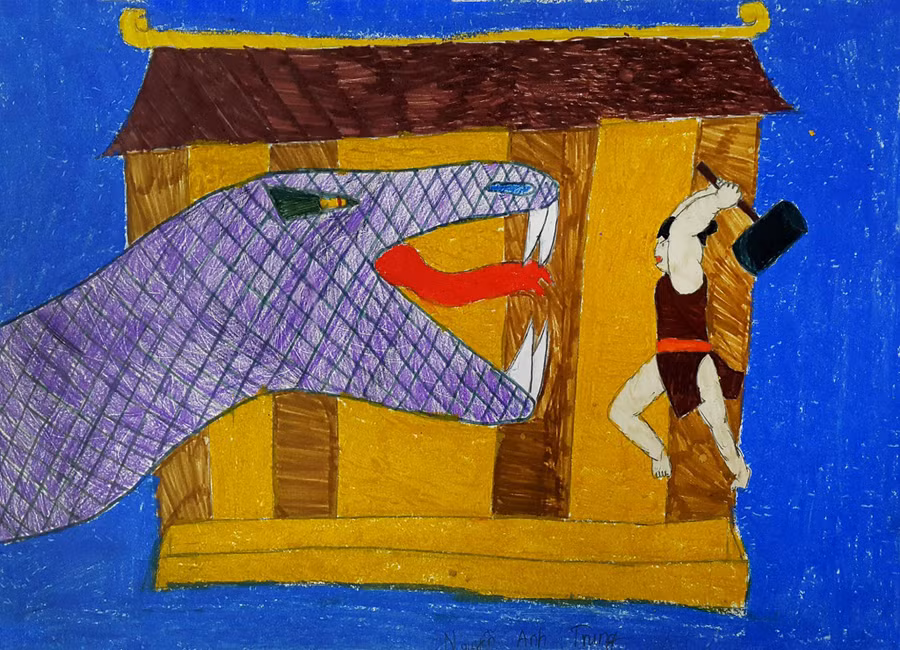 Đây là bìa sách “Thạch Sanh” - tác phẩm gây được ấn tượng mạnh với hoạ sĩ Thành Chương dù không có tiêu đề nhưng ai cũng có thể nhận ra ngay nội dung bên trong