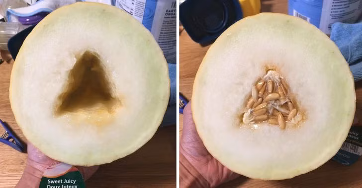 Quả dưa hoàng yến vàng này có một vùng hạt giống hình tam giác.