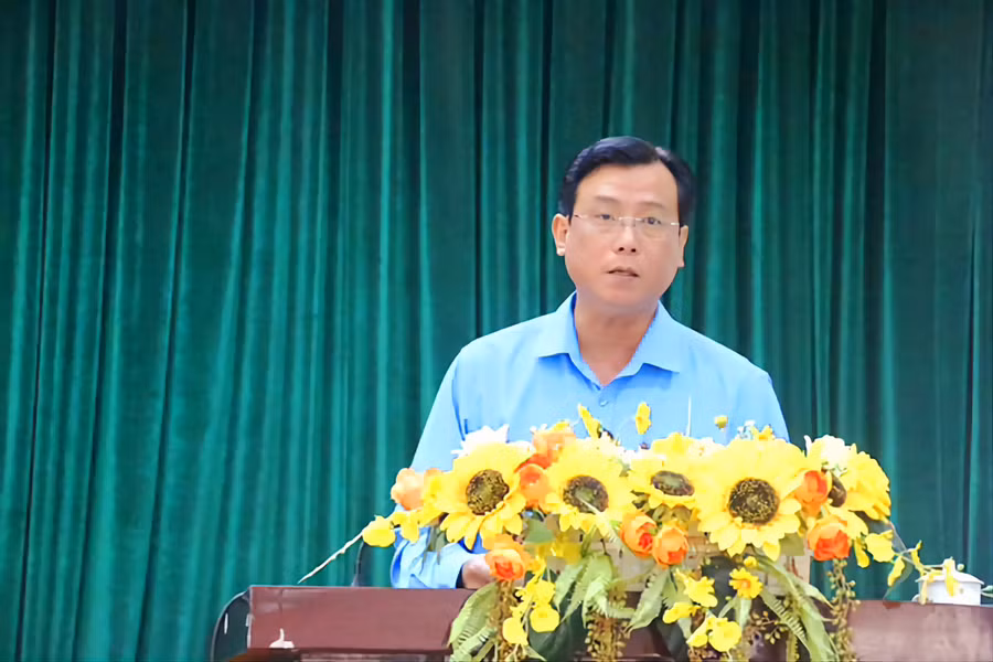 Ông Nguyễn Nhật Tiến - Phó Chủ tịch LĐLĐ tỉnh An Giang phát biểu. (Ảnh: C.M)